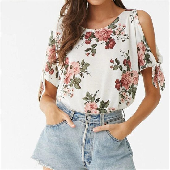 Off Shoulder Top 2019 Summer Women Short Sleeve Floral Print Blouse Casual Loose O Neck Cold Shoulder Ladies Shirt Blusas
