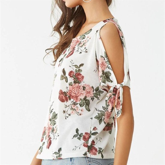Off Shoulder Top 2019 Summer Women Short Sleeve Floral Print Blouse Casual Loose O Neck Cold Shoulder Ladies Shirt Blusas