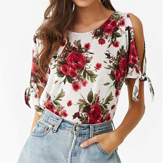 Off Shoulder Top 2019 Summer Women Short Sleeve Floral Print Blouse Casual Loose O Neck Cold Shoulder Ladies Shirt Blusas