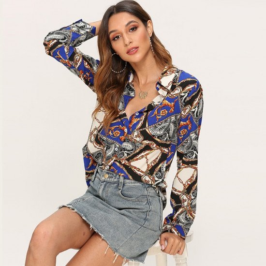 Patchworks Chain Print Blouse Long Sleeve Blouse Women Fashion Shirts Ladies Tops Turn-down Collar Office Clothes Blusa Feminina