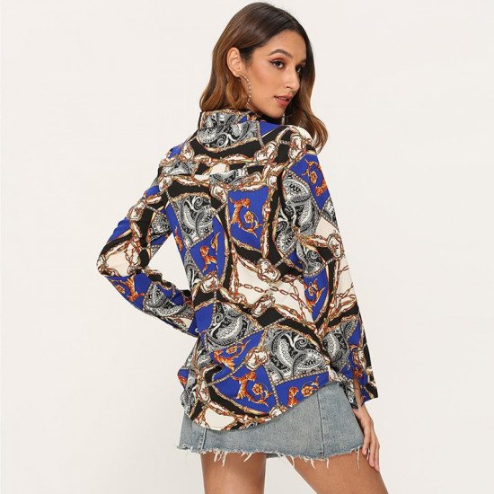 Patchworks Chain Print Blouse Long Sleeve Blouse Women Fashion Shirts Ladies Tops Turn-down Collar Office Clothes Blusa Feminina