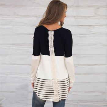 Shirt Women 2019 Patchwork Back Lace Blouse Long Sleeve Female Top Casual Striped Loose Hollow Out Blouse Shirts O-neck Blusas
