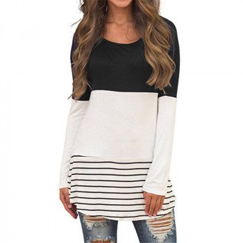 Shirt Women 2019 Patchwork Back Lace Blouse Long Sleeve Female Top Casual Striped Loose Hollow Out Blouse Shirts O-neck Blusas