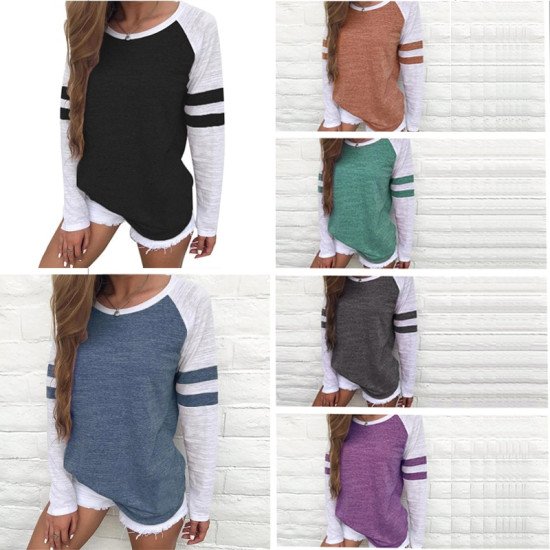 Stripe Patchwork Women Blouse 2019 Casual Cotton Loose Shirt Fashion Long Sleeve Basic Tees Pullover Plus Size Baseball Top 5XL