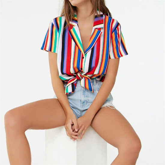 Striped Blouse 2019 Women Short Sleeve Summer Chiffon Shirt Casual V- neck Ladies Office Blouse Plus Size Top Casual Loose Shirt