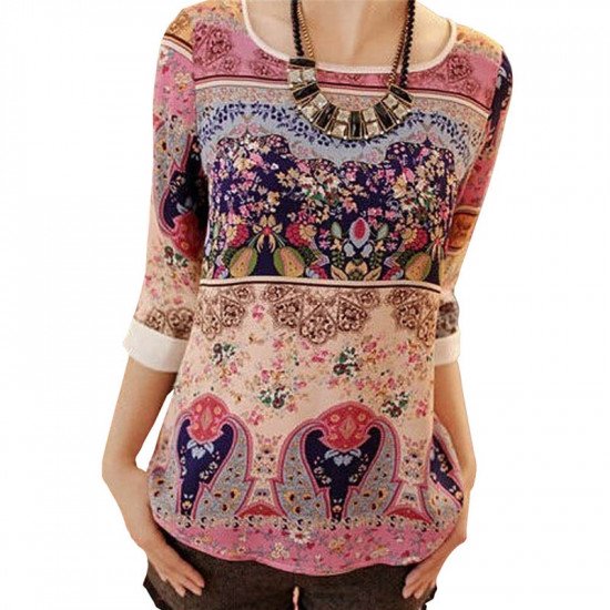 Summer Chiffon Blouse 2019 Fashion Aztec Stripe Women Blouses Lace Tops Floral Print O-neck Casual Shirt Blusas Camisas Mujer