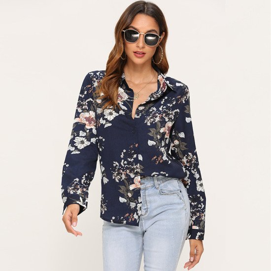 Vintage Long Sleeve Floral Print Women Blouse Elegant Turn-Down Collar Female Office Blouses Loose Shirts Tops Work Wear Tops