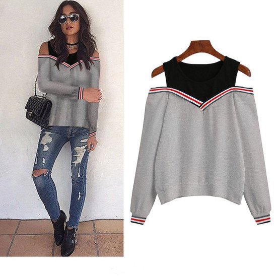 Women Blouses Long Sleeve 2019 Sexy Off Shoulder Splice Ladies Tops Casual Fake Two Pieces Blouse Hollow Out O-Neck Femme Shirt