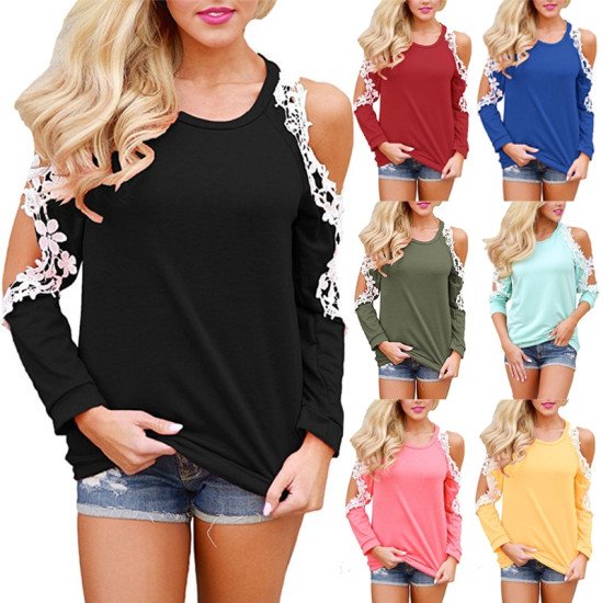 Womens Tops and Blouses 2019 Sexy Cold Shoulder Long Sleeve Lace Blouse Casual Loose Shirt Elegant Solid Femme Ladies Top Tee 2X
