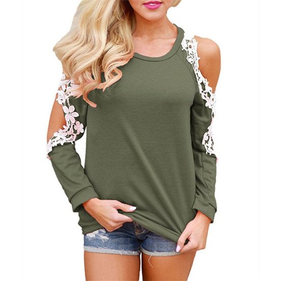 Womens Tops and Blouses 2019 Sexy Cold Shoulder Long Sleeve Lace Blouse Casual Loose Shirt Elegant Solid Femme Ladies Top Tee 2X