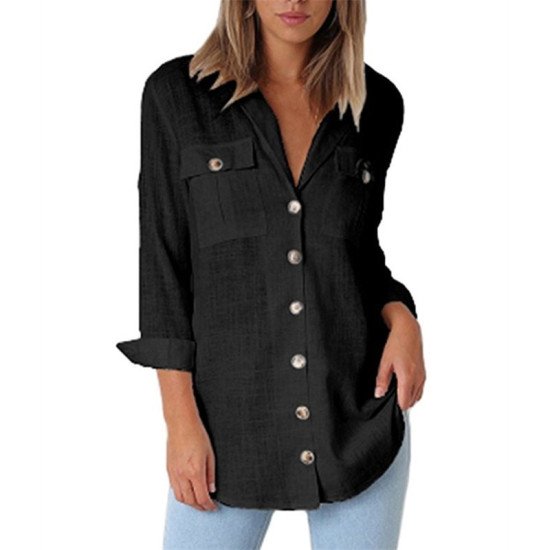 Womens Tops and Blouses 2019 Spring Long Sleeve Turn Down Collar Shirt Vintage Button Blouse Solid Ladies Tops Blusas Mujer XXL