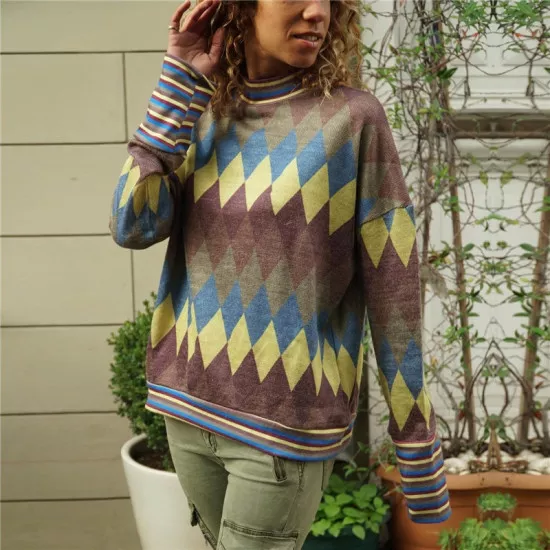 Womens Tops and Blouses 2019 Spring Vintage Geometric Print Shirt Casual Loose Long Sleeve Blouse Women Ladies Tops Tunic Blusas