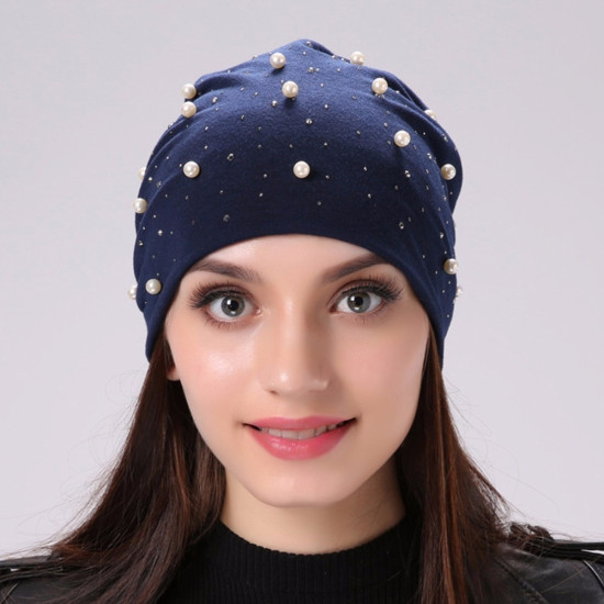 Brand Women's Beanie Hat Casual Polyester Shine Pearls&Rhinestones Beanies For Women Skull Beanie Hats Bonnet For Female