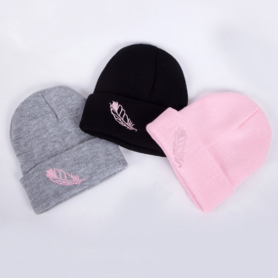 Hot Sale Warm Snow New Women Knitted Knit Hat Beanies High Quality Crochet Beanie 1PC Girl Winter Feather Embroidery Hats