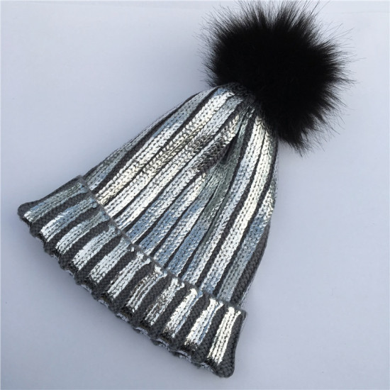 New Winter Metallic Pink Ball Beanie Hat For Women Fluffy Double Faux Fur Pom Pom knitted Skullies Beanie With Pompom Ski
