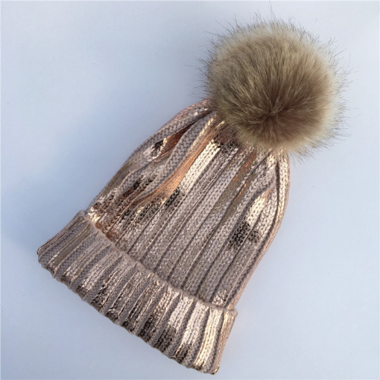 New Winter Metallic Pink Ball Beanie Hat For Women Fluffy Double Faux Fur Pom Pom knitted Skullies Beanie With Pompom Ski