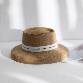 Summer New M letter Retro Ribbon Braided Flat Head Straw Hat Lady Hepburn Wide-brim Sun Hat British Style Sunscreen Beach Hat