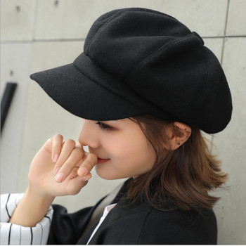 wool  Women Beret Autumn Winter Octagonal Cap Hats Stylish Artist Painter Newsboy Caps Black Grey Beret Hats