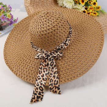 2019 New Fashion Sun Hats for Women Girls Wide Brim Floppy Straw Hat Summer Bohemia Beach Cap Ribbon Leopard chapeau femme