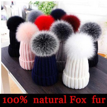 2019 New winter hat luxury quality Fox fur pompom hats beanie High quality Girls women bonnet winter hats for women