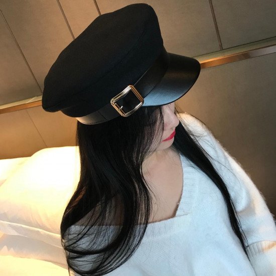 Fashion Wool Solid Visor Military Hat Autumn And Winter Vintage Patchwork Pu Beret Cap For Women England Style Flat Cap