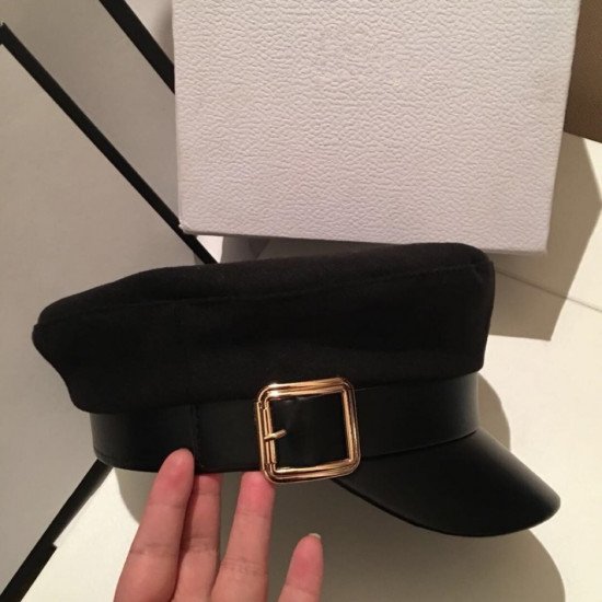 Fashion Wool Solid Visor Military Hat Autumn And Winter Vintage Patchwork Pu Beret Cap For Women England Style Flat Cap
