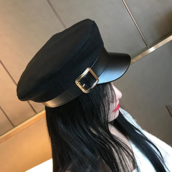 Fashion Wool Solid Visor Military Hat Autumn And Winter Vintage Patchwork Pu Beret Cap For Women England Style Flat Cap