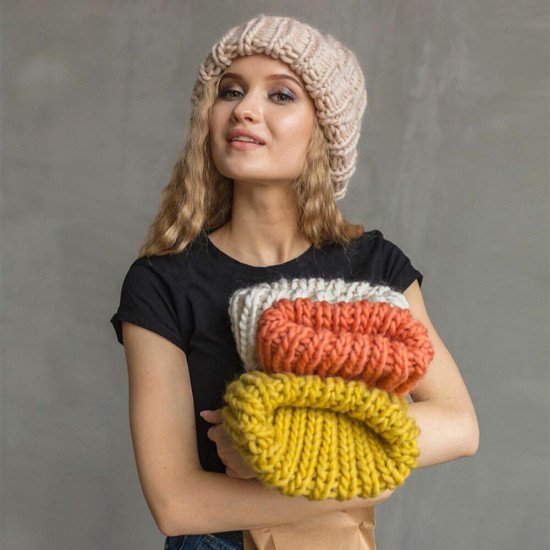 New European Women's Knitted Cap Winter Warming Pure-color Curled Coarse Wool Cap Warming Girl's Fashion Cap Knitted couple hat