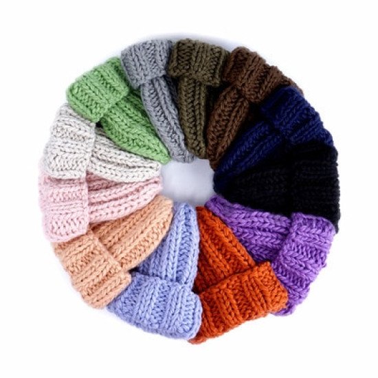 New European Women's Knitted Cap Winter Warming Pure-color Curled Coarse Wool Cap Warming Girl's Fashion Cap Knitted couple hat