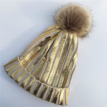 New Winter Metallic Pink Ball Beanie Hat For Women Fluffy Double Faux Fur Pom Pom knitted Skullies Beanie With Pompom Ski