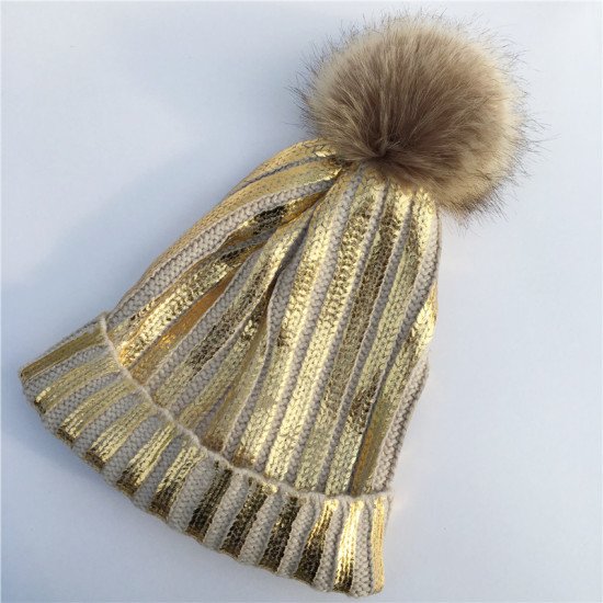 New Winter Metallic Pink Ball Beanie Hat For Women Fluffy Double Faux Fur Pom Pom knitted Skullies Beanie With Pompom Ski