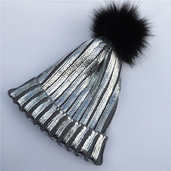 New Winter Metallic Pink Ball Beanie Hat For Women Fluffy Double Faux Fur Pom Pom knitted Skullies Beanie With Pompom Ski