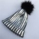 New Winter Metallic Pink Ball Beanie Hat For Women Fluffy Double Faux Fur Pom Pom knitted Skullies Beanie With Pompom Ski