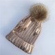 New Winter Metallic Pink Ball Beanie Hat For Women Fluffy Double Faux Fur Pom Pom knitted Skullies Beanie With Pompom Ski