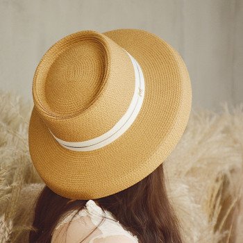 Summer New M letter Retro Ribbon Braided Flat Head Straw Hat Lady Hepburn Wide-brim Sun Hat British Style Sunscreen Beach Hat