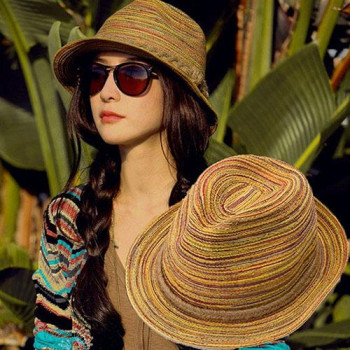 Women Summer Hat Lady Straw Hat Rattan Sun Hats Foldable Striped Braided Rope Bucket Cap Straw Sun Hats for women Beach