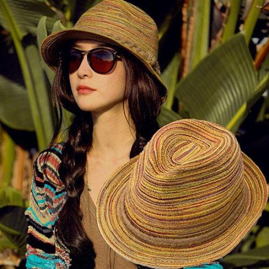 Women Summer Hat Lady Straw Hat Rattan Sun Hats Foldable Striped Braided Rope Bucket Cap Straw Sun Hats for women Beach